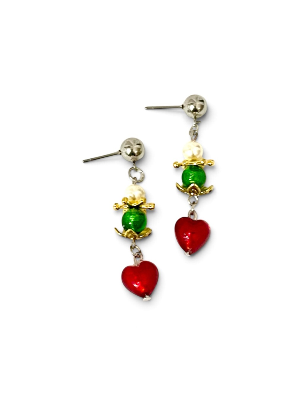 Christmas Holiday Earrings Red Heart Green Gold Bead Dangle Drop Artisan Jewelry